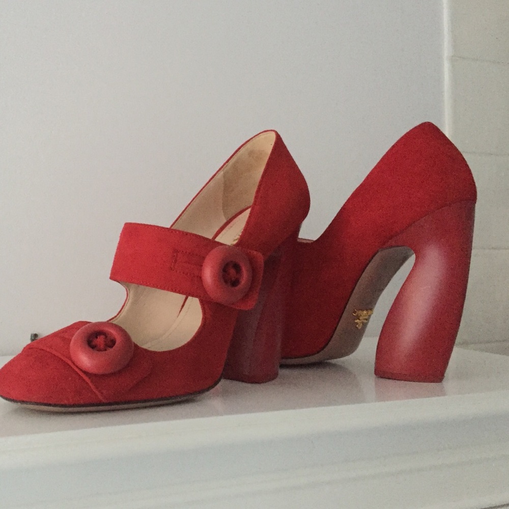 Red suede Prada Mary Janes